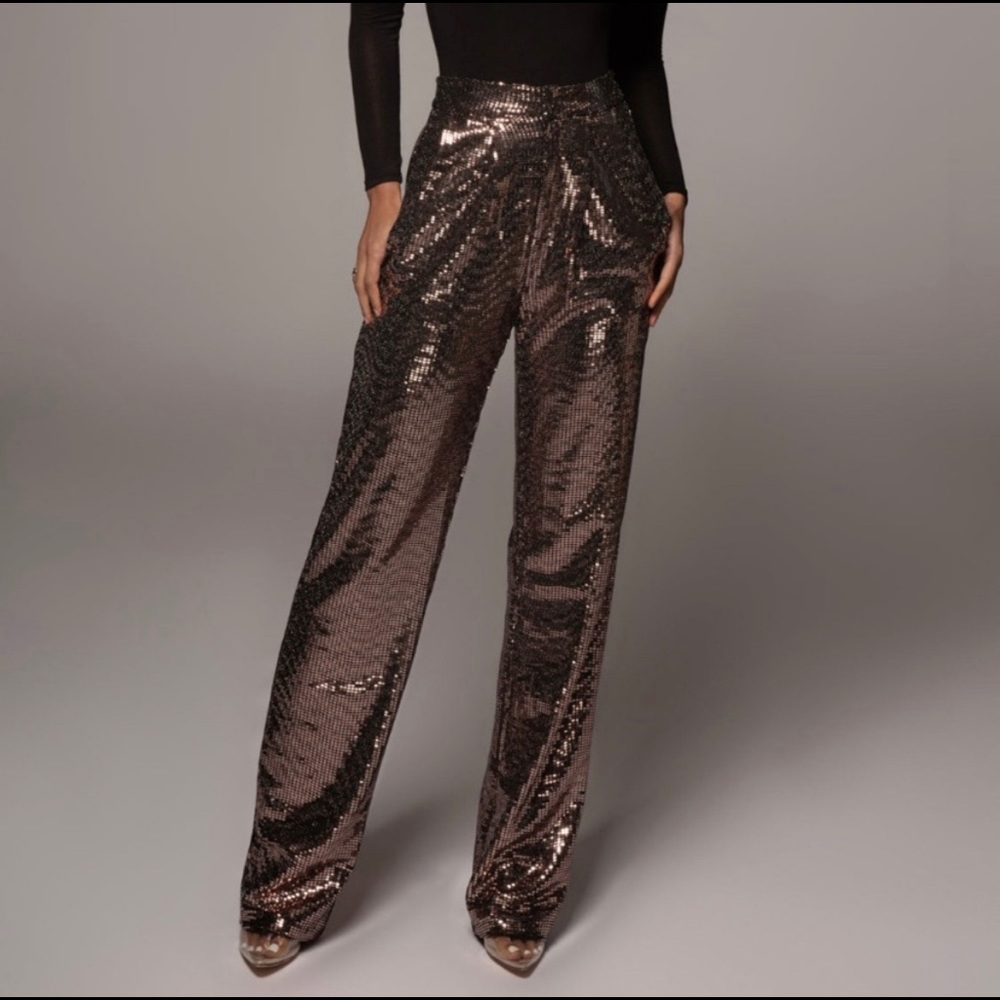 JLUXLABEL Bronze Sequin Wide Leg Trousers